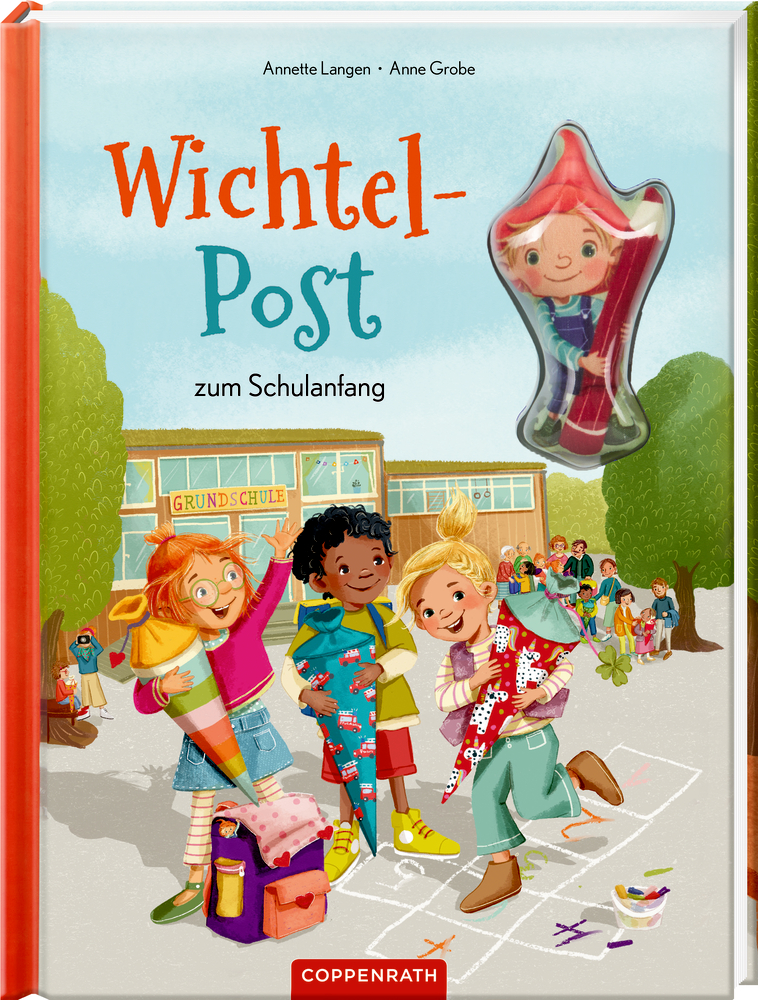 Kinder mit Schultüten stehen vor einer Schule, lächeln und spielen auf einem Buchcover.
