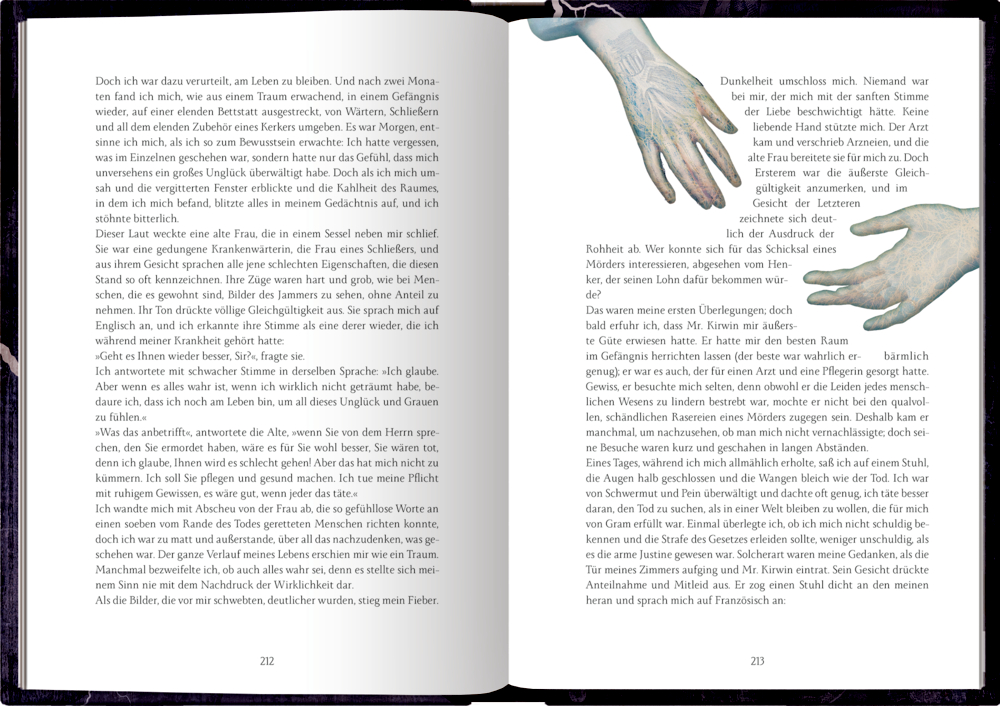 Aufgeschlagenes Buch mit Text und Hand-Illustrationen auf jeder Seite, flach auf dunklem Untergrund liegend.