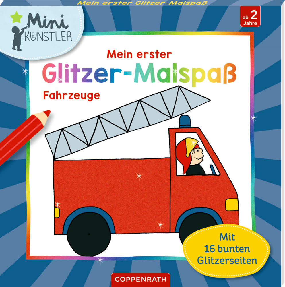 Rotes Feuerwehrauto und lächelnder Feuerwehrmann auf einem farbenfrohen Kinderbuchcover.