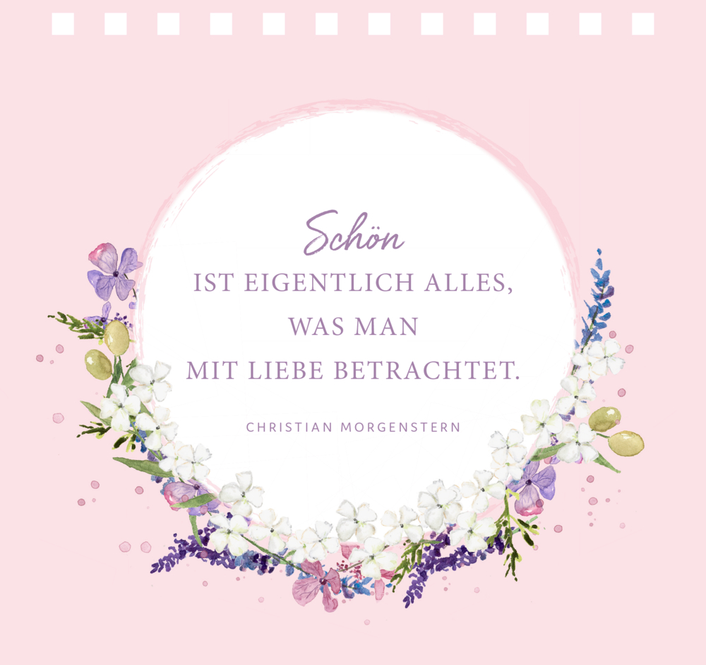 Ein Blumenkranz umrahmt ein Zitat über Schönheit und Liebe auf einer rosafarbenen Seite.