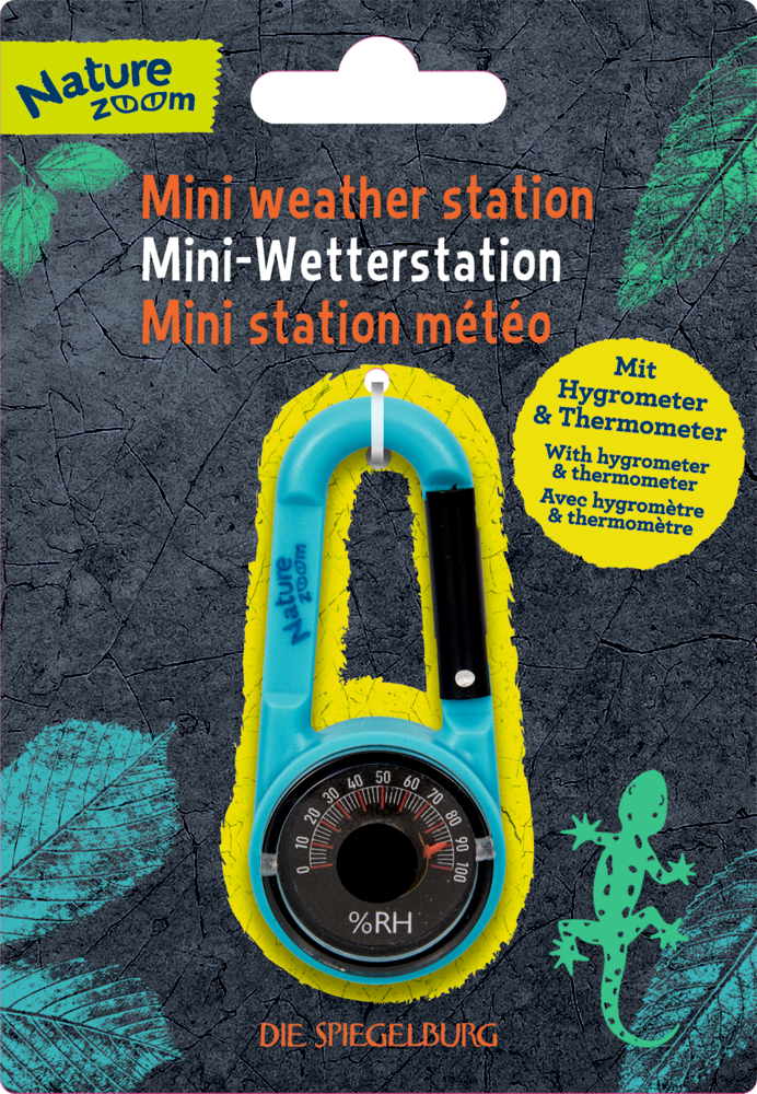 Blaue Mini-Wetterstation von Nature Zoom mit Thermometer und Hygrometer, Eidechsengrafik auf der Verpackung.
