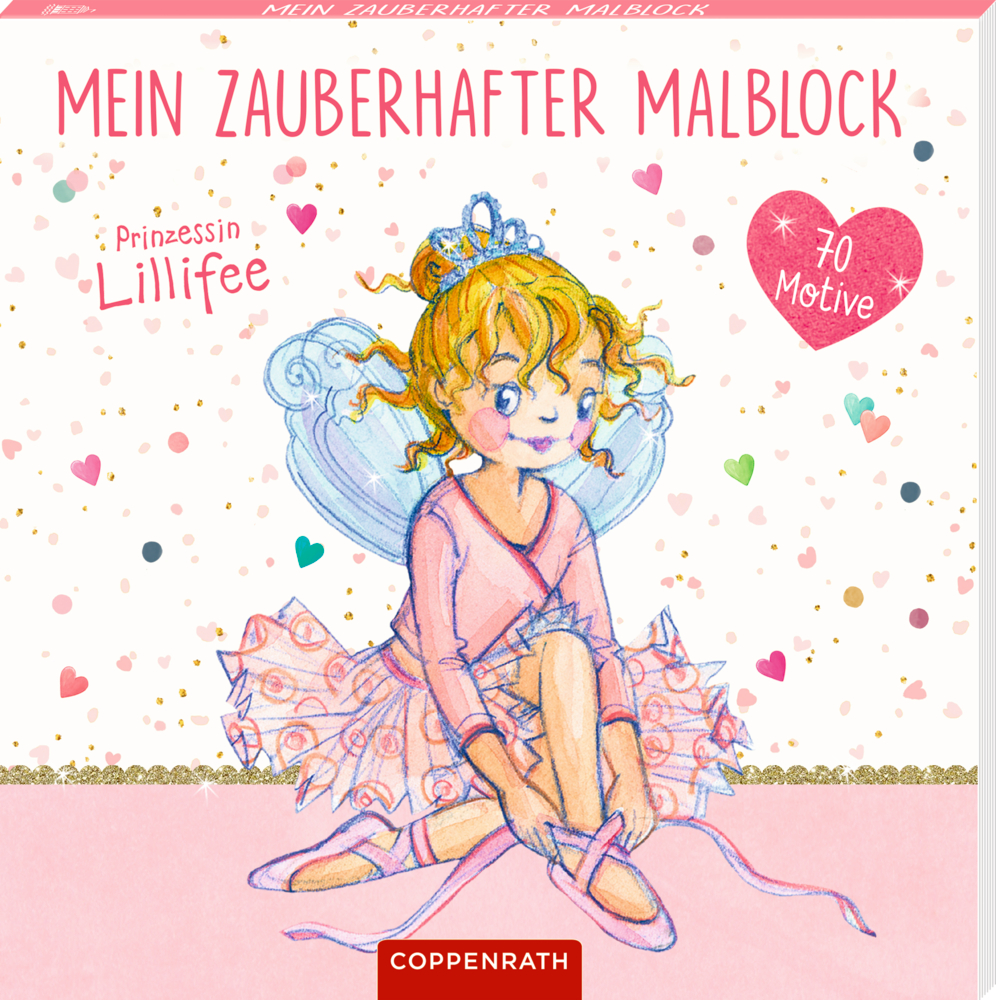 Eine Fee mit Krone trägt ein rosa Tutu und bindet Ballettschuhe. Im Hintergrund sind Herzen und Sterne.