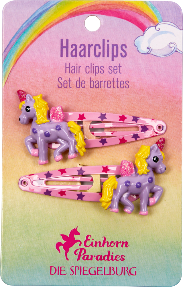 Zwei rosa Haarspangen mit lila Einhörnern, präsentiert auf einer leuchtend bunten Kartonrückseite.