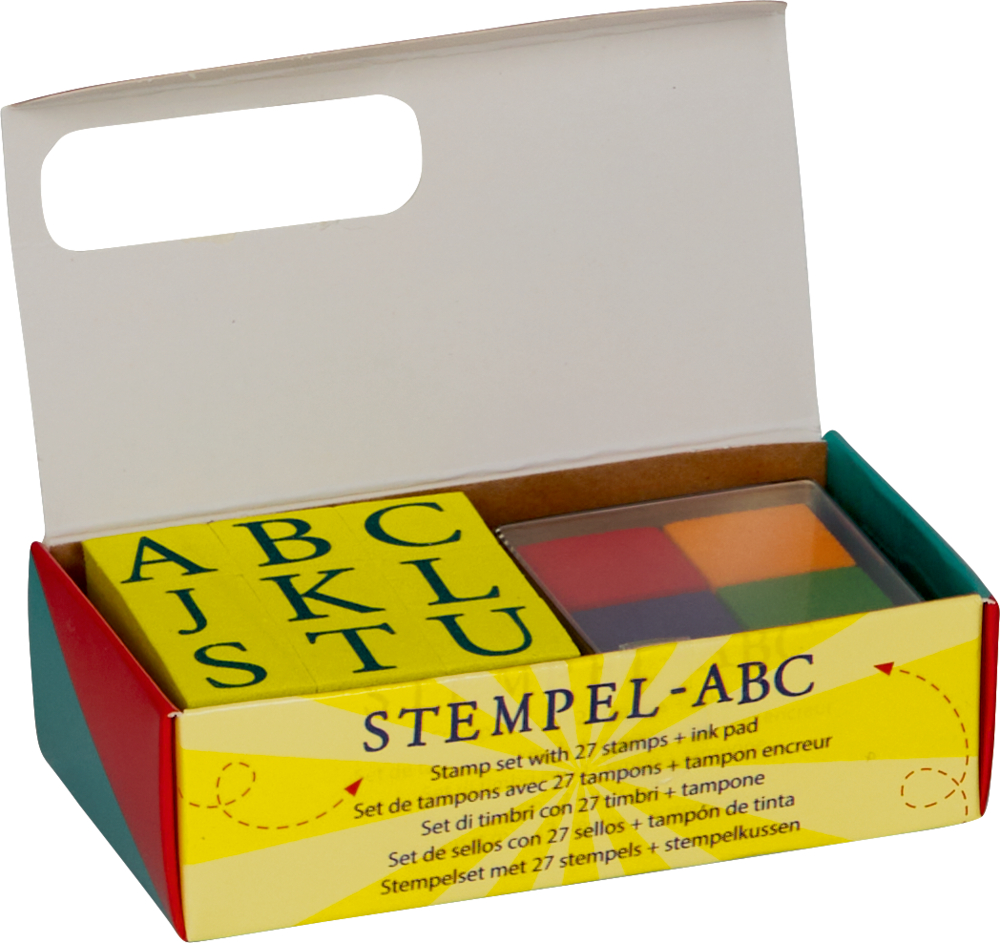 Offene Box mit Buchstabenstempeln und einem mehrfarbigen Stempelkissen, Aufdruck STEMPEL-ABC.