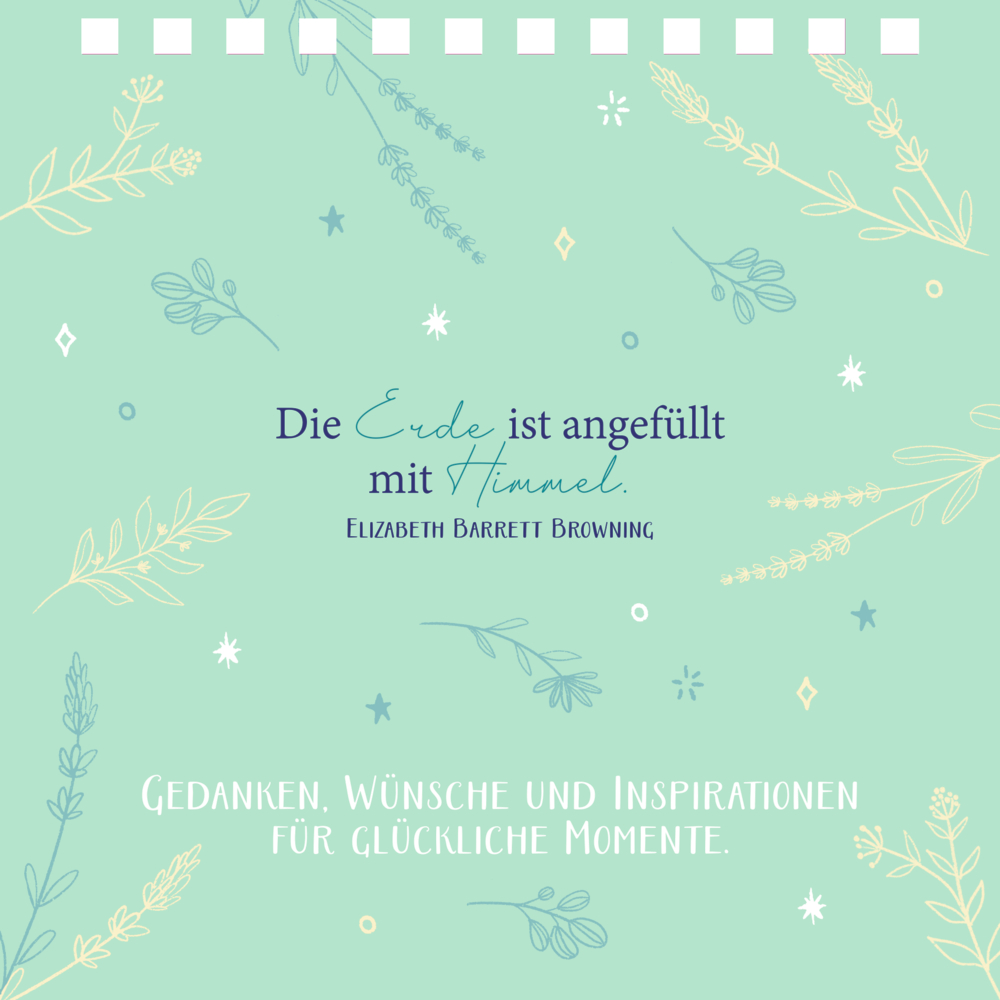 Grüner Hintergrund mit floralen Illustrationen und Zitaten in weißer und blauer Schrift.