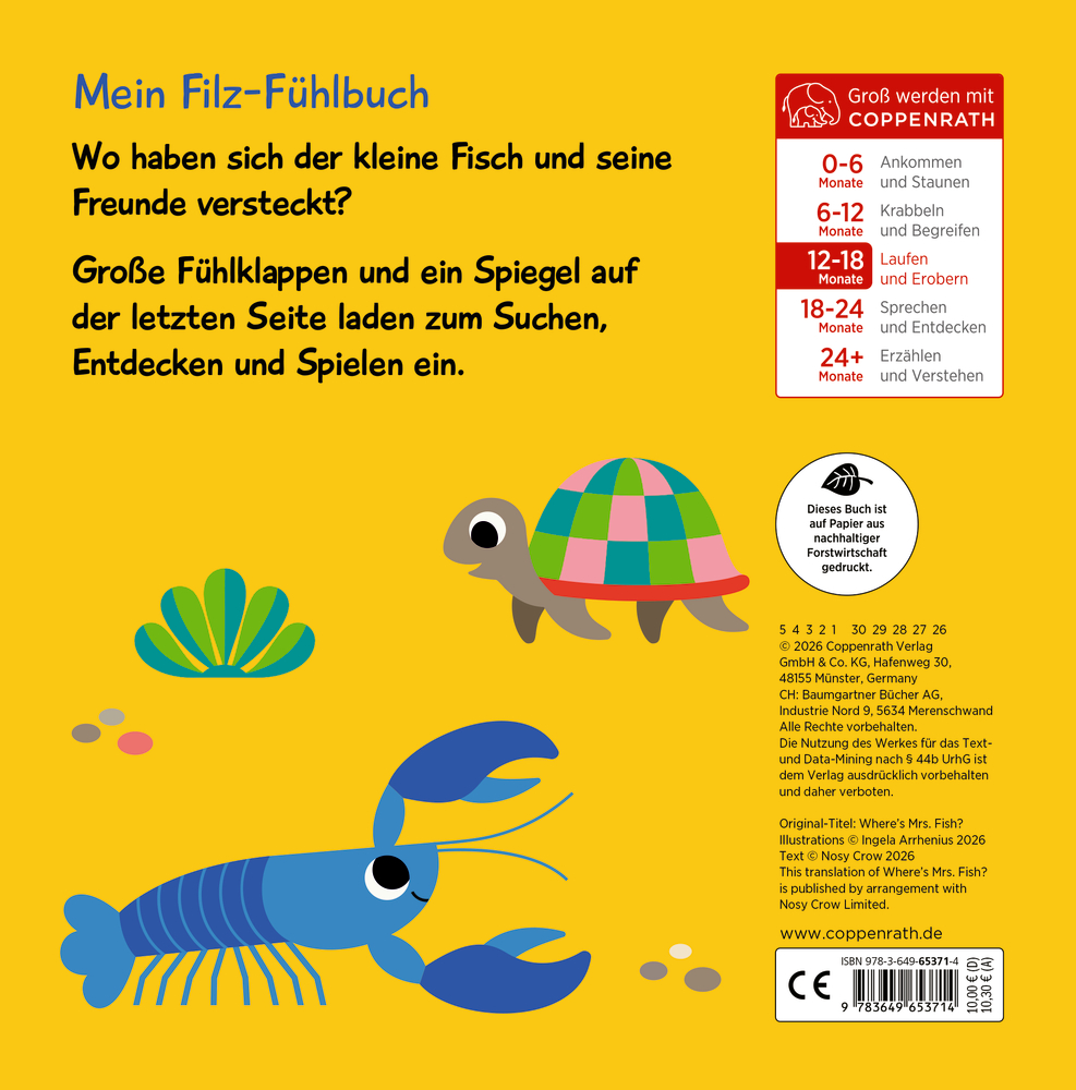 Gelbes Kinderbuchcover mit Zeichnungen einer bunten Schildkröte, einem blauen Krebs und einer grünen Muschel.