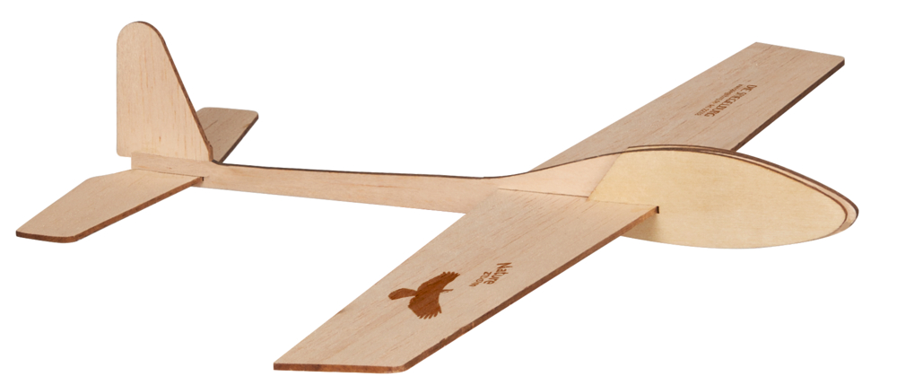 Ein Segelflugzeugmodell aus Holz mit flachem Rumpf und Flügeln, von der Seite gesehen.