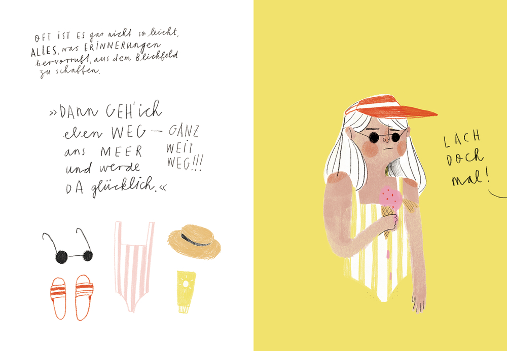 Frau im Badeanzug isst Eis, Sommeraccessoires, handgeschriebener Text.