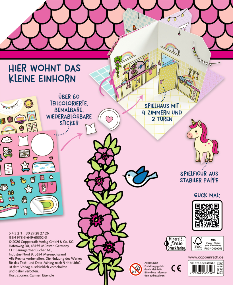 Rückseite eines aufstellbaren Stickerhauses mit bunten Zimmern, Stickern, Einhornfigur, Blume und Vogel auf rosa Hintergrund.
