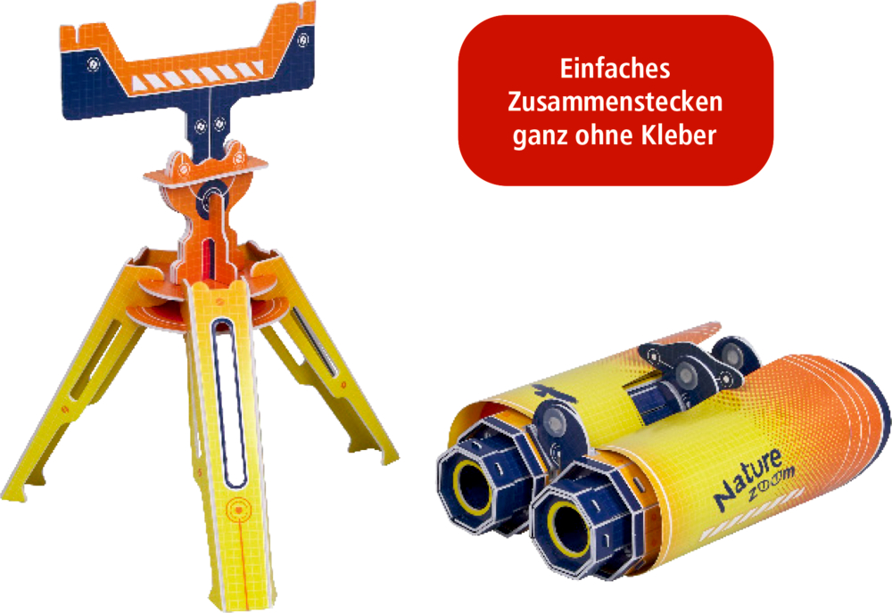 Bunte Steckbauteile aus Pappe in Form eines Stativs und eines Fernglases, Text im Bild: „Einfaches Zusammenstecken ganz ohne Kleber“.