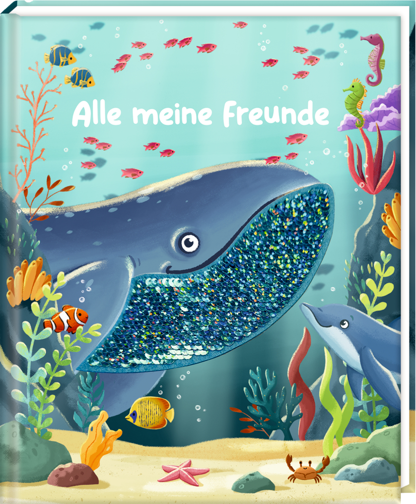 Gezeichnetes Meer mit Wal, Delfin, Fisch und Seepferdchen. Darüber steht: Alle meine Freunde.
