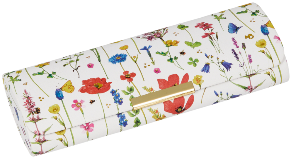 Weißes rechteckige Etui mit buntem Blumen- und Schmetterlingsdruck, versehen mit einem goldenen Verschluss.