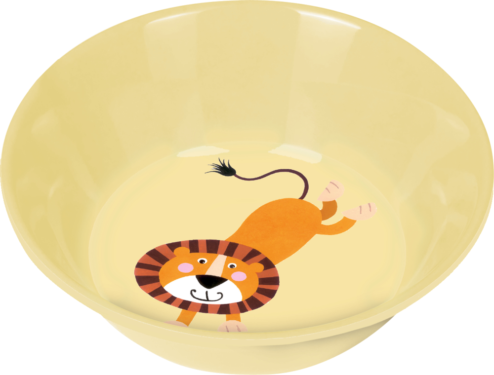 Gelbe Schüssel mit einer niedlichen Cartoon-Löwenillustration am Boden.