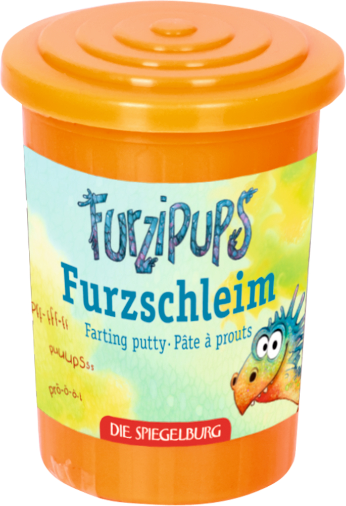 Orangefarbener Furzschleim-Behälter mit buntem Text und einem Cartoon-Drachen-Design.