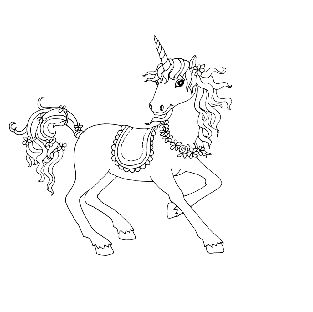 Strichzeichnung eines Einhorns mit Mähne, Schweif und Blumenkranz, das ein verziertes Tuch auf dem Rücken trägt.