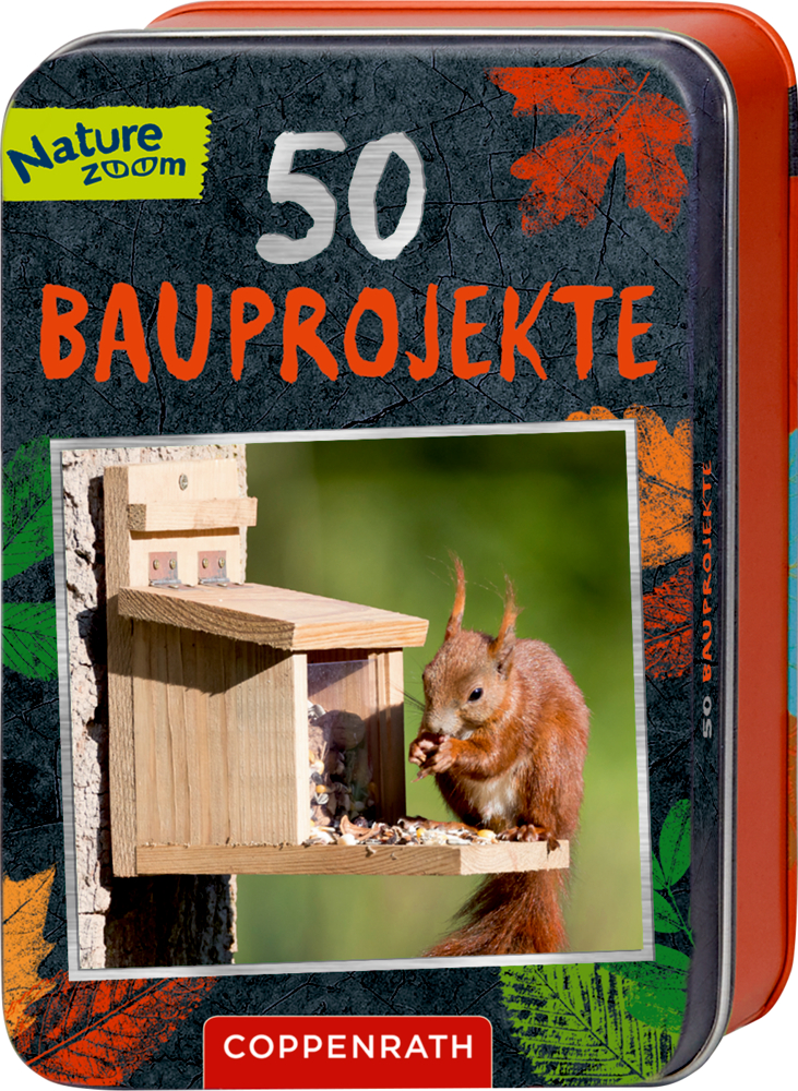 Blechdose mit der Aufschrift „50 Bauprojekte“ und dem Foto eines Eichhörnchens, das an einem hölzernen Futterhäuschen frisst.