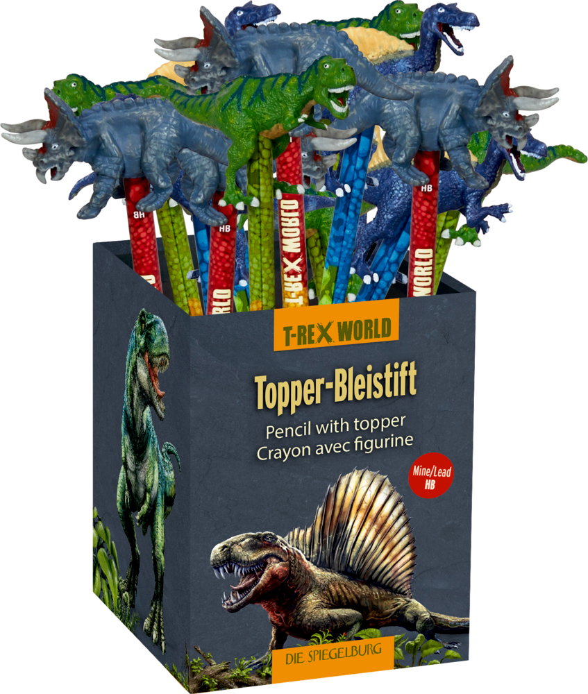 Box mit herausschauenden Bleistiften mit Dino-Toppern, illustriert mit Dinosauriermotiv.