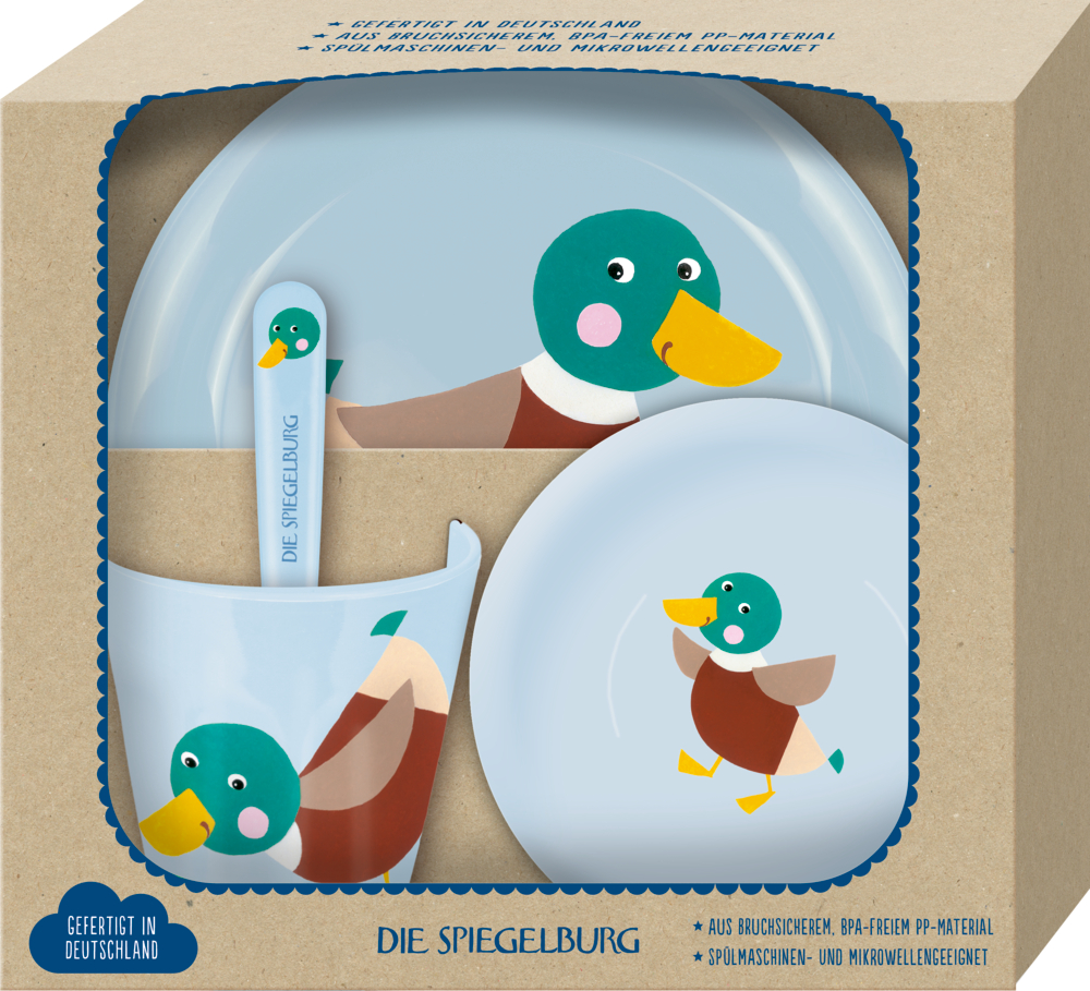 Kindergeschirrset mit fröhlichen Cartoon-Enten-Motiven – bestehend aus Teller, Schüssel, Becher und Löffel.