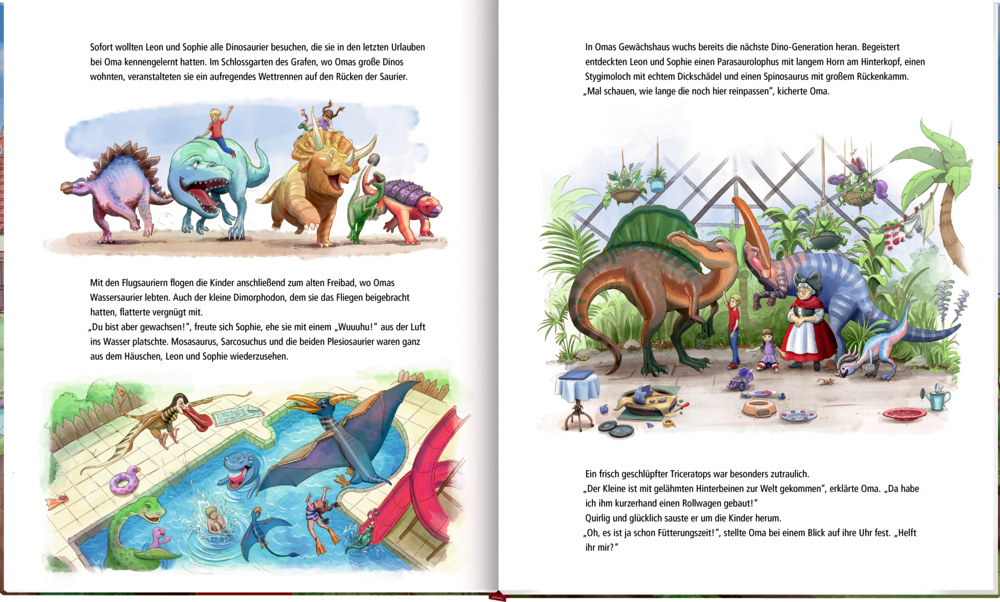 Bunte Illustrationen auf einer Doppelseite von Kindern und Dinosauriern beim Spielen im Garten und Pool, mit Text auf Deutsch.