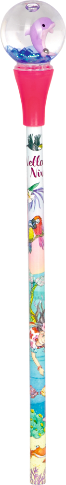 Bunter Stift mit Meerjungfrauen-Motiv, pinker Kappe und klarer Kugel mit lila Delfin und blauen Steinchen.