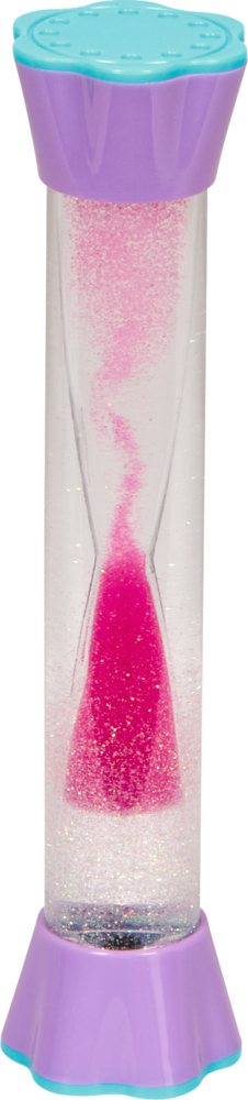 Ein rosa Glitzer-Wirbel, der wie eine Sanduhr aussieht, mit violetten Enden und blauem Oberteil und Sockel.