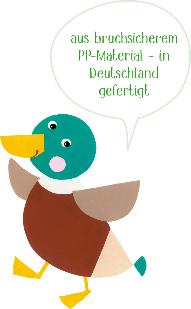 Lächelnde Enten-Illustration mit Sprechblase: „Made in Germany – bruchsicheres, langlebiges PP-Material!“.