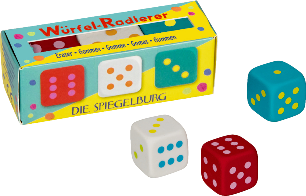 Drei bunte Würfel-Radierer und eine passende Box mit der Aufschrift Würfel-Radierer.