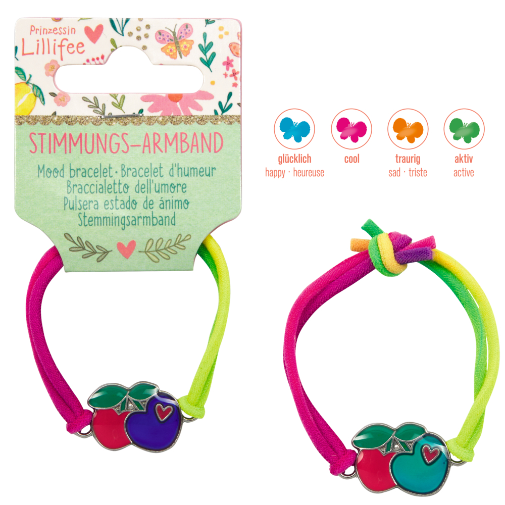 Zwei bunte Mood-Armbänder mit Kirsch-Anhängern und Verpackung, die Mood-Bedeutungen anzeigt.