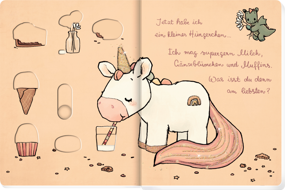 Gezeichnetes Einhorn, das Milch mit einem Strohhalm trinkt. Milch und andere Lebensmittel wurden durch Schieber weggeschoben.
