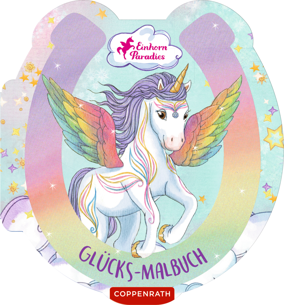 Pastellfarbenes Buchcover mit Einhorn, Regenbogenflügeln und dem Titel „Glücks-Malbuch“.