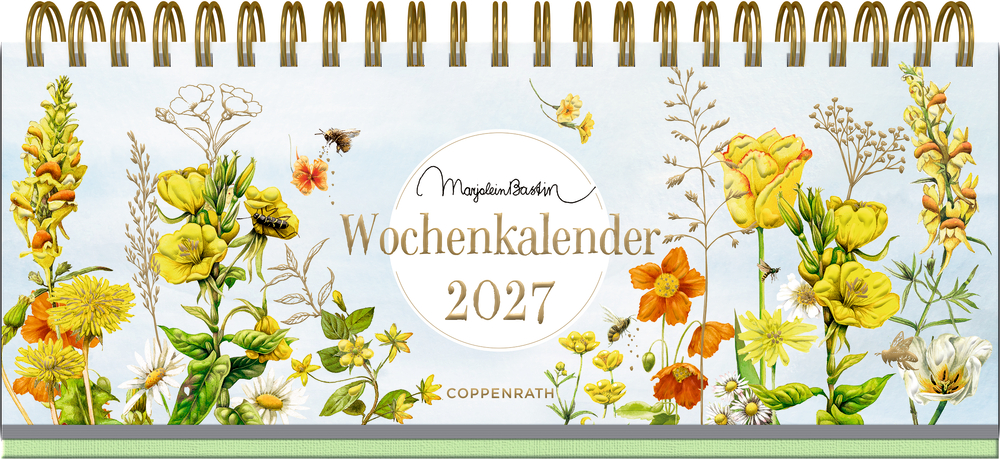 Spiralwochenkalender 2027 mit gelben Blumen, Bienen und Schmetterlingen. Text auf dem Umschlag.