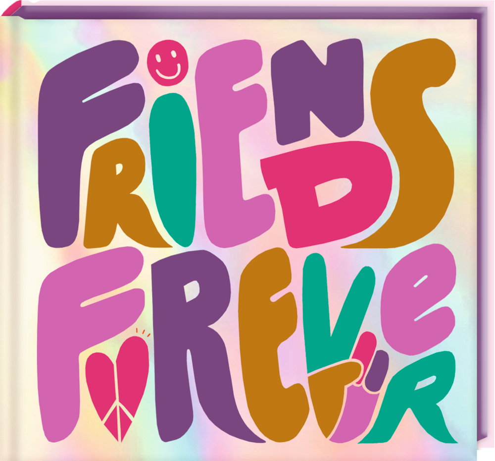 Bunte, kräftige Buchstaben ergeben in verspielter Textkunst auf pastellfarbenem Hintergrund „Friends Forever“.