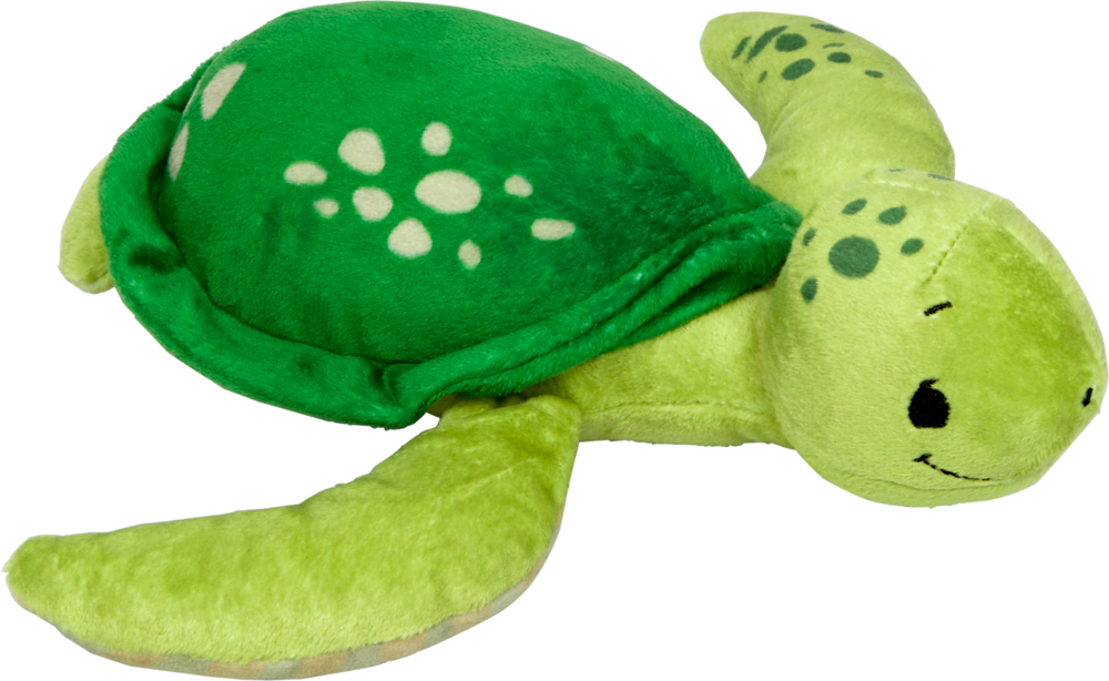 Grünes Plüschtier in Form einer Schildkröte mit dunklerem Panzer und aufgesticktem lächelndem Gesicht.