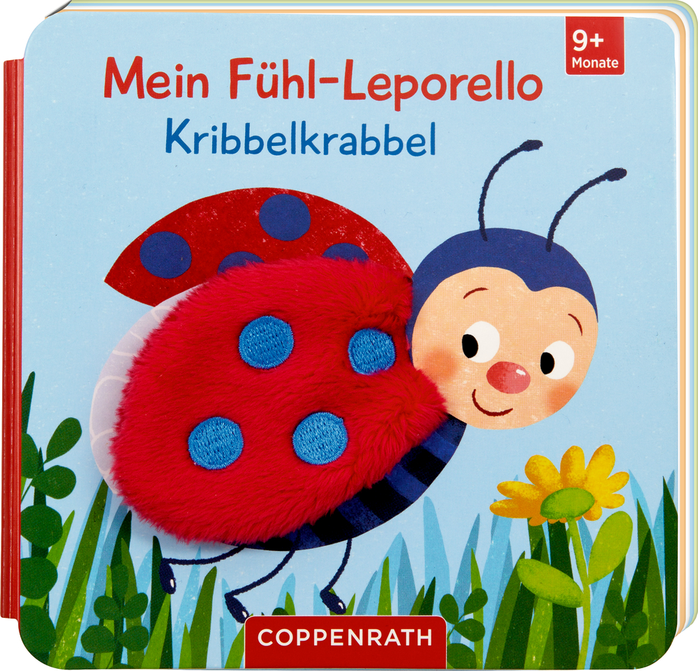 Kinderbuchcover mit lächelndem Marienkäfer und dem Titel: „Mein Fühl-Leporello Kribbelkrabbel.“.