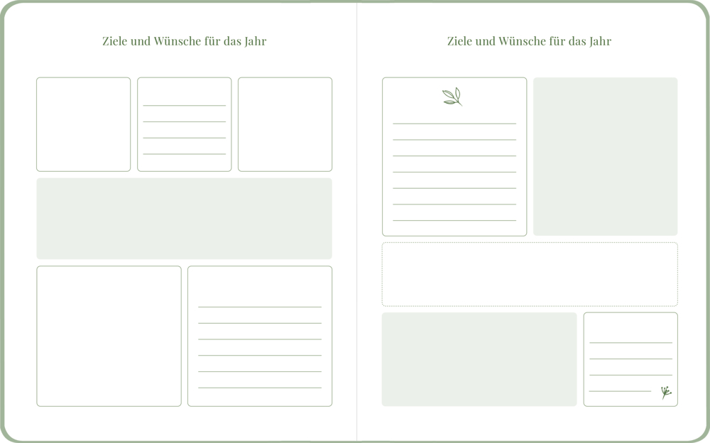 Doppelseite eines Planers mit Überschrift „Ziele und Wünsche für das Jahr“ und mehreren beschreibbaren Feldern in Grün- und Weißtönen.