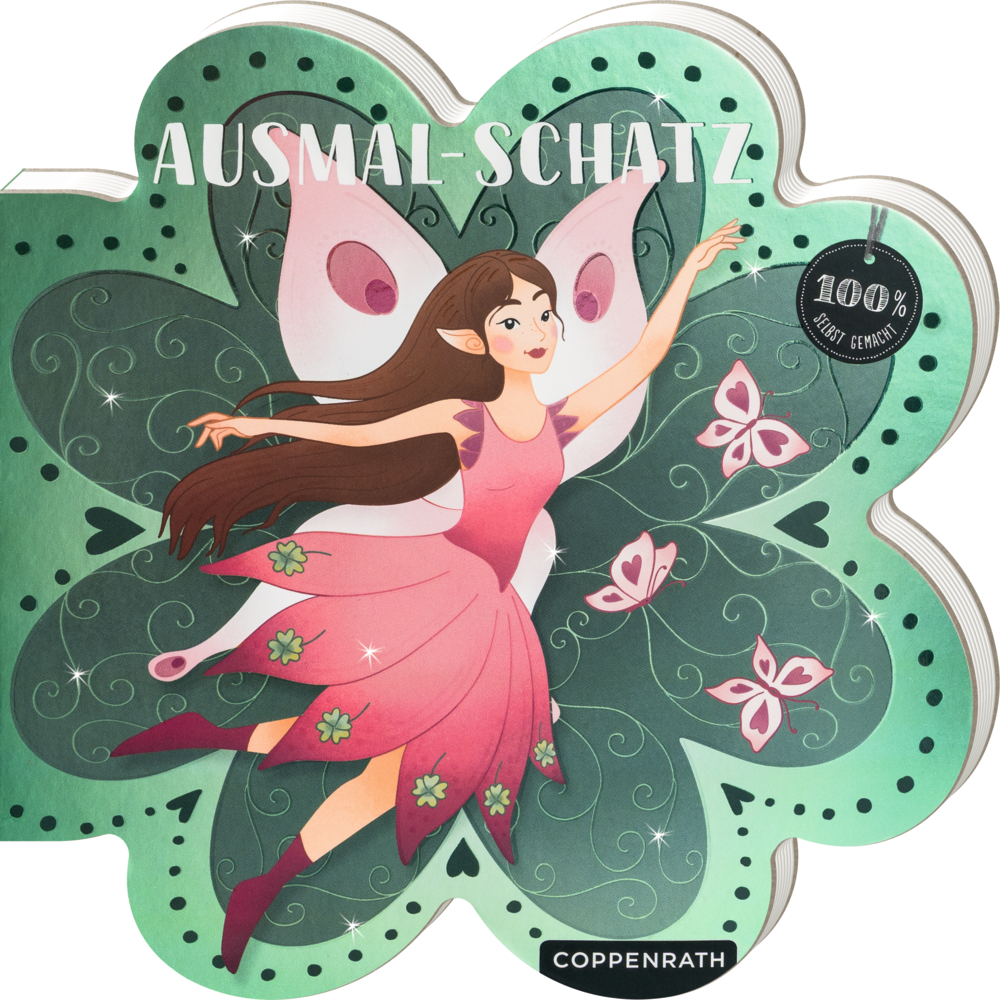 Buch in Kleeblattform mit Illustration einer Fee im rosa Kleid und Schmetterlingen auf grünem Hintergrund.