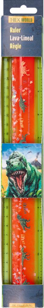 Transparentes Lineal mit rotem Mittelteil und Dinosauriermotiven sowie Maßskala bis 26 cm in grüner Verpackung aus Pappe.