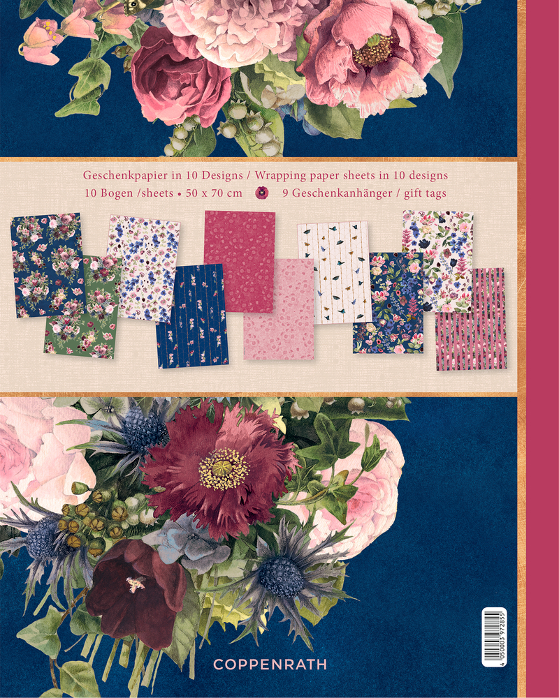 Zehn Geschenkpapierbögen in floralen und grafischen Mustern auf Verpackung mit Blumenillustration.