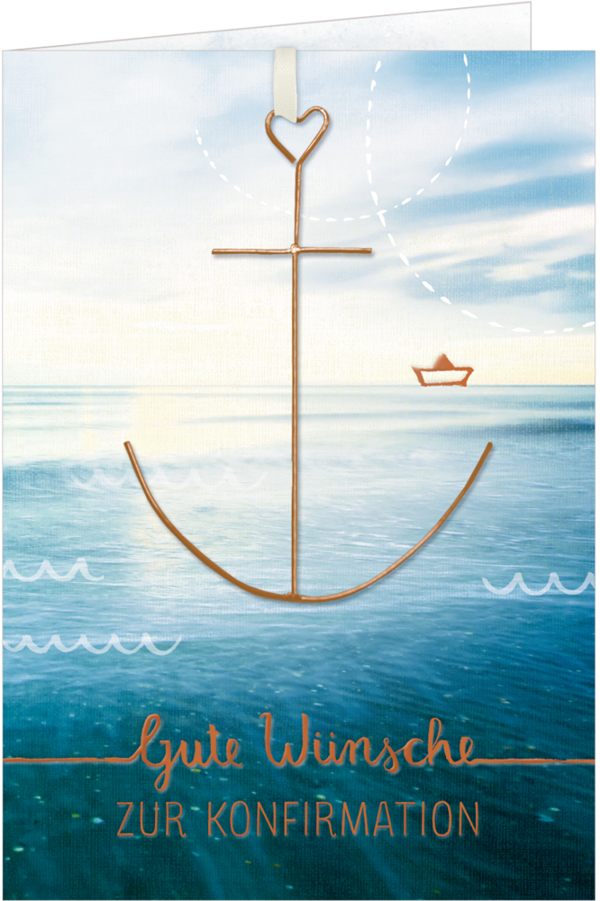 Grußkarte mit Anker, Papierboot und „Gute Wünsche zur Konfirmation“-Text über ruhiger See.