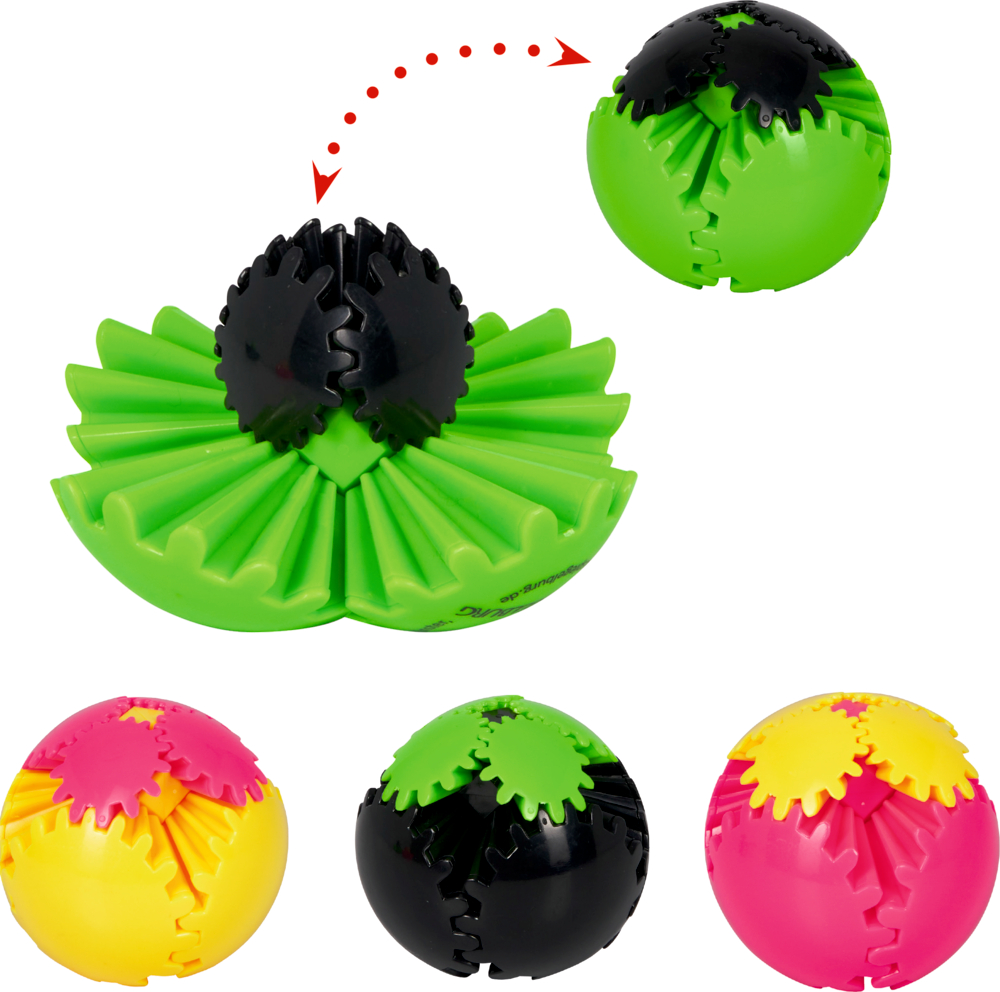 Fünf bunte, zahnradähnliche Bälle, einer davon öffnet sich zu einer grünen Blumenform.