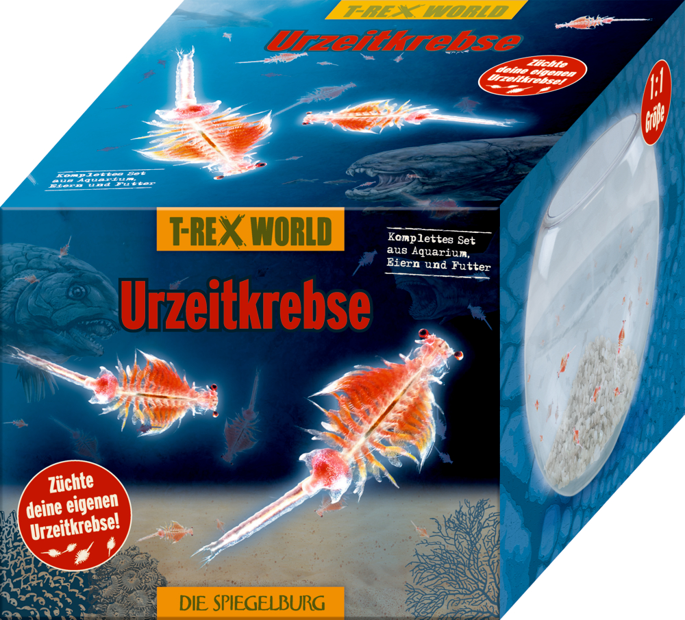 "T-Rex World Urzeitkrebse-Box mit prähistorischen Garnelen und einem auf der Verpackung abgebildeten Aquarium."