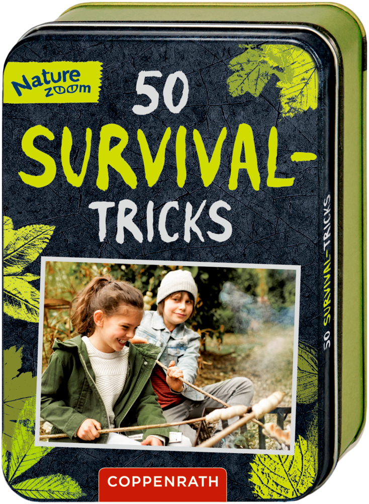 Blechdose „50 Survival-Tricks“ mit zwei Kindern am Lagerfeuer, umgeben von Blättern.