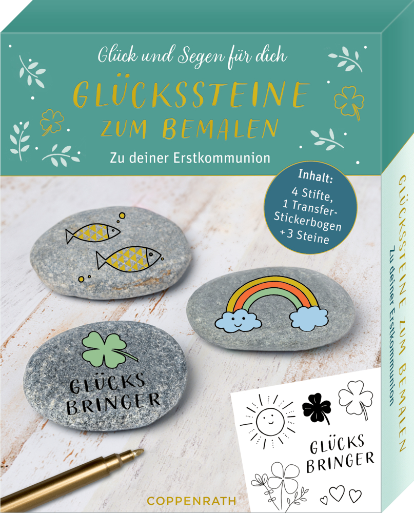 Box mit dekorierten Steinen, Stiften, Aufklebern & r Anleitung zum Bemalen von Glückssteinen zur Erstkommunion.