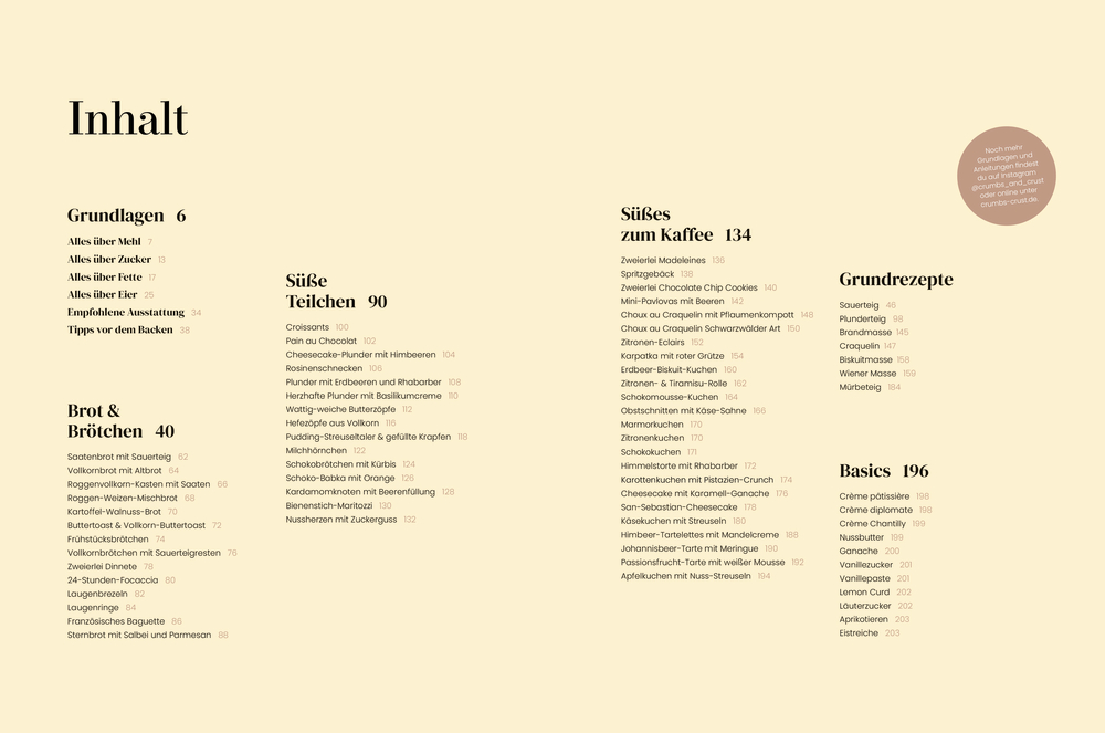 Inhaltsverzeichnis mit Überschriften Brot, Süßes, Grundlagen, Grundrezepte, Basics. Spalten mit Kategorienamen und  Seitenzahlen.