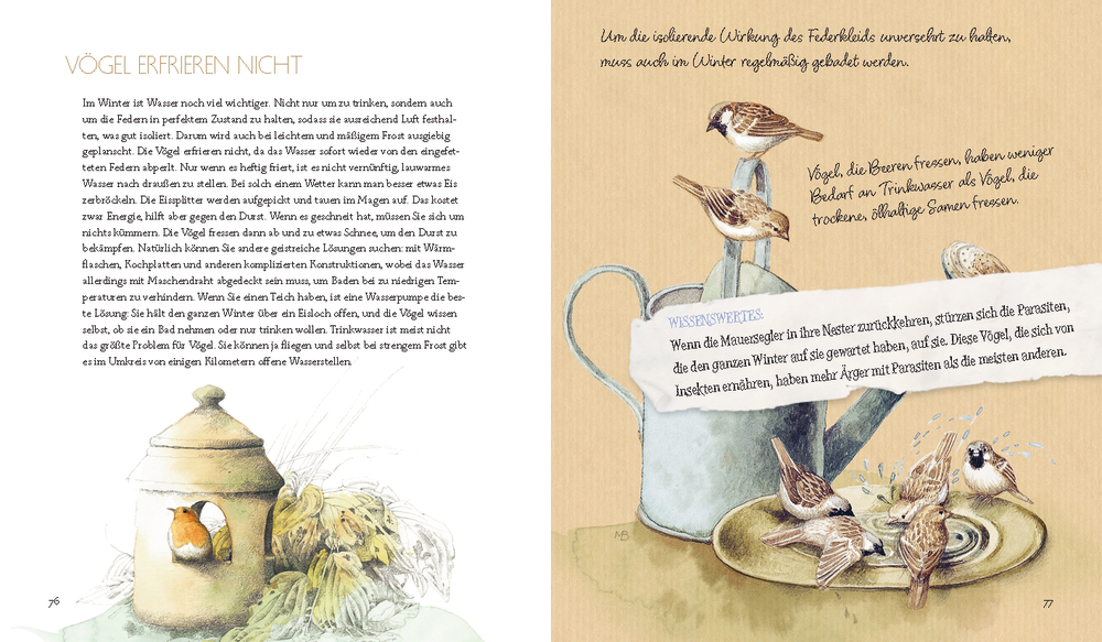 Aufgeschlagenes Buch mit Vogelillustrationen, Vogelfutter, eines Vogelhäuschens und einer Gießkanne.