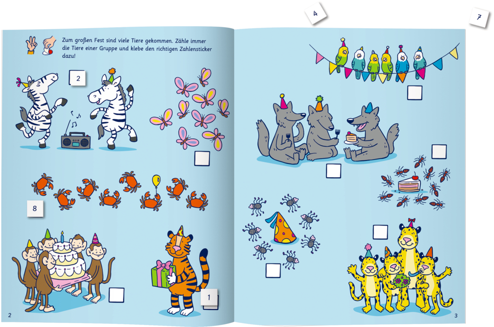 Partytiere: Zebras, Wölfe, Affen, eine Katze, Tiger, Schmetterlinge und Spinnen kommen zum Feiern zusammen.