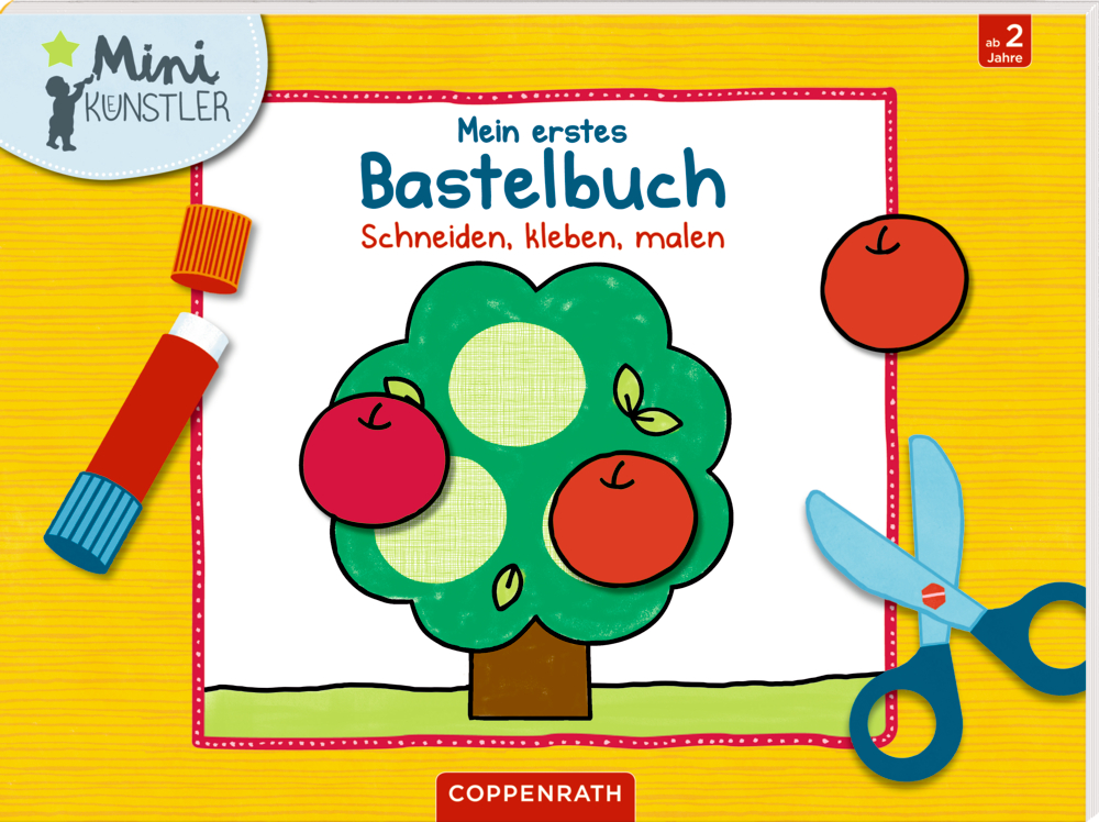 Buchcover basteln: Baum, Äpfel, Schere, Klebestift; deutscher Text für kleine Kinder.