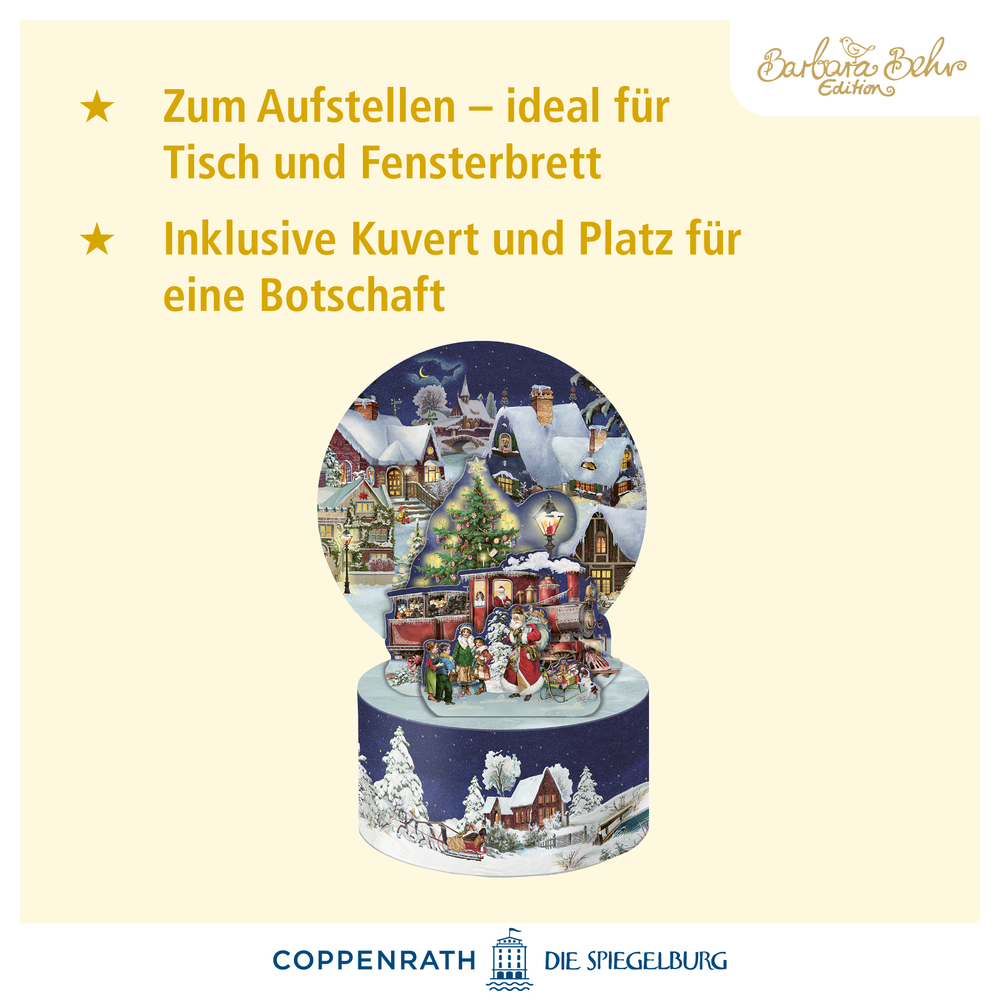 Aufstellbare Weihnachtskarte mit winterlicher Dorfszene, Eisenbahn, Tannenbaum und Menschen im Schnee.