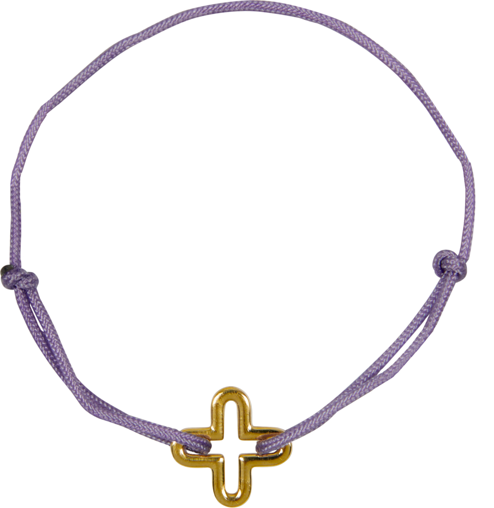 Lila Kordelarmband mit einem Kreuz-Anhänger in der Mitte in Goldoptik.