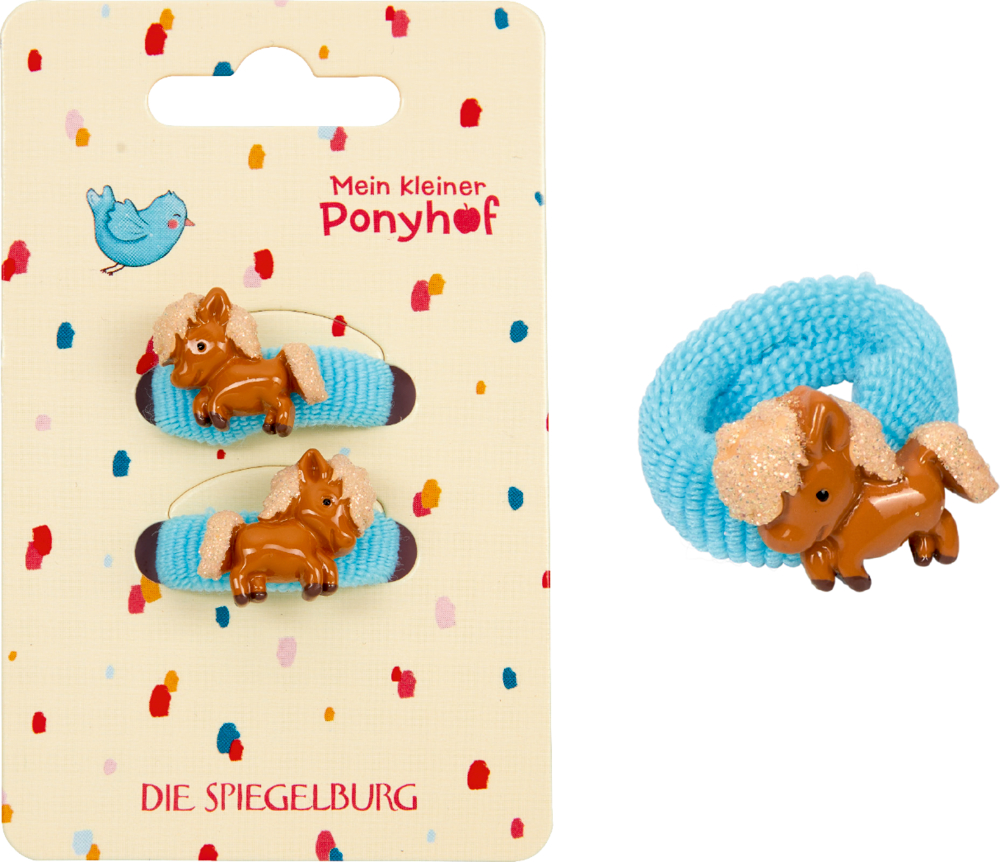 Set aus zwei hellblauen Haargummis, jeweils mit einem kleinen braunen Pony verziert. Auf einer bunten Pappkarte platziert.
